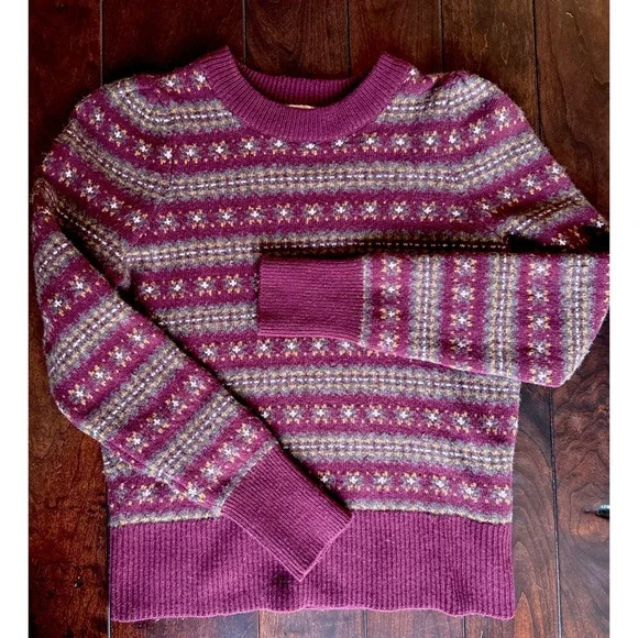 FAHERTY Highland Fair Isle Puff Sleeve Sweater Womens S Gray Merino Wool Blend - Picture 3 of 13